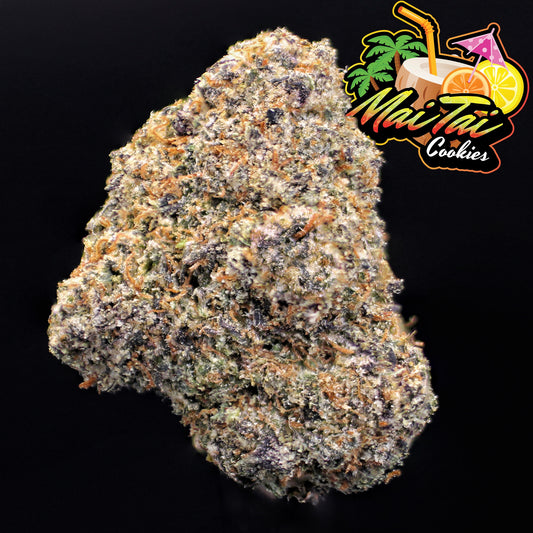 Close-up of cannabis bud with 'Mai Tai Cookies' logo in the corner